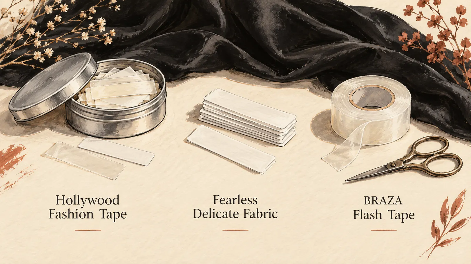 Editorial illustration of fashion tape beside black fabric and scissors