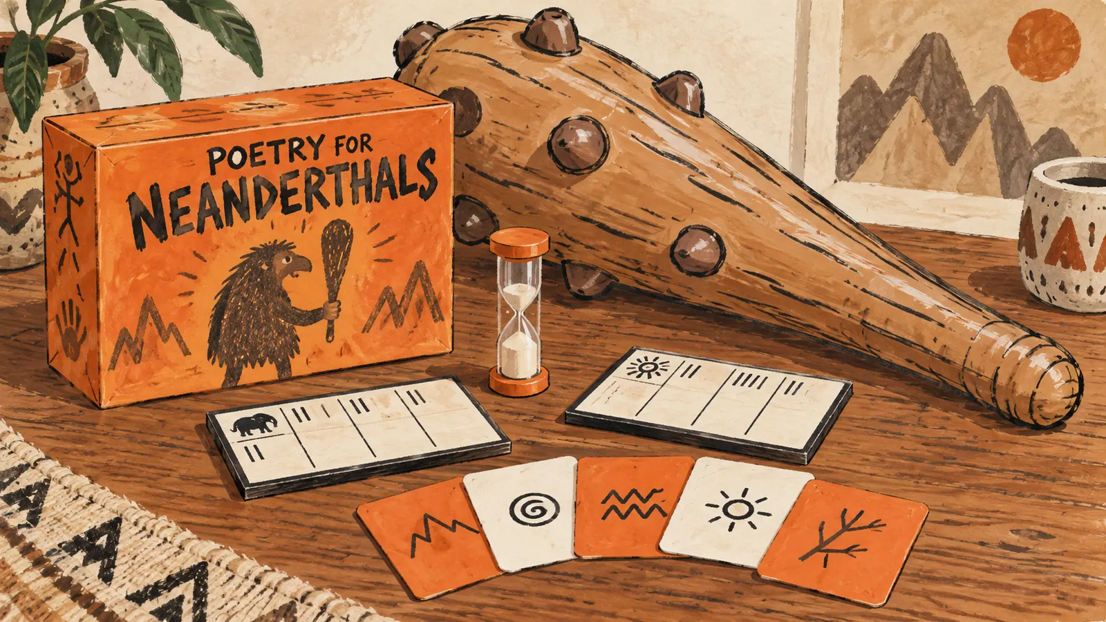 Editorial illustration of word cards, a timer, and an inflatable club for a party game
