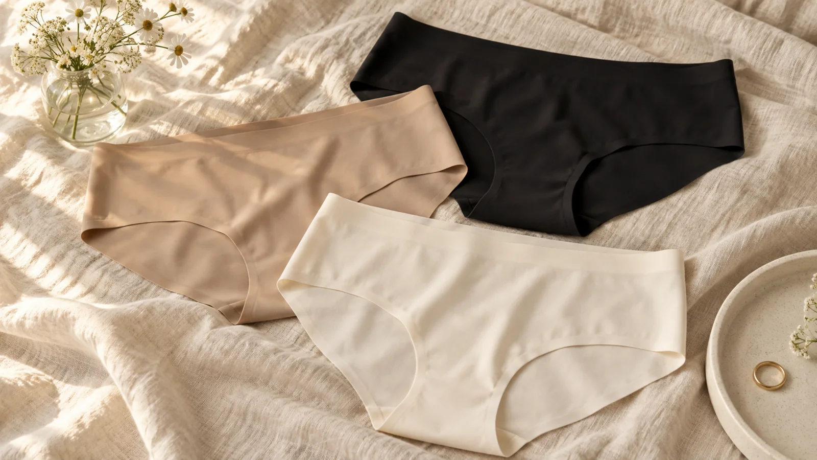 Editorial illustration of neutral seamless underwear laid flat on linen